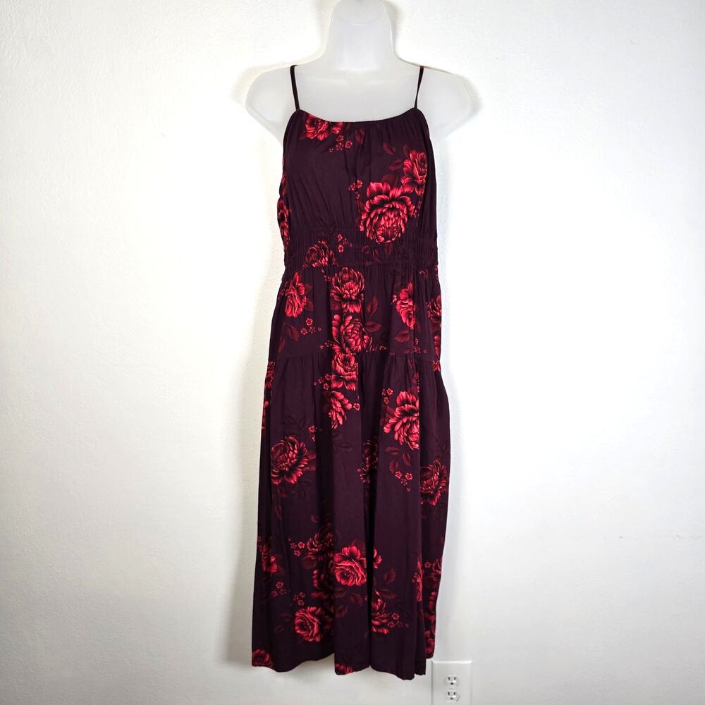 Old Navy Cami Midi Dress Women's L Burgundy Floral Whimsigoth Dark Cottagecore